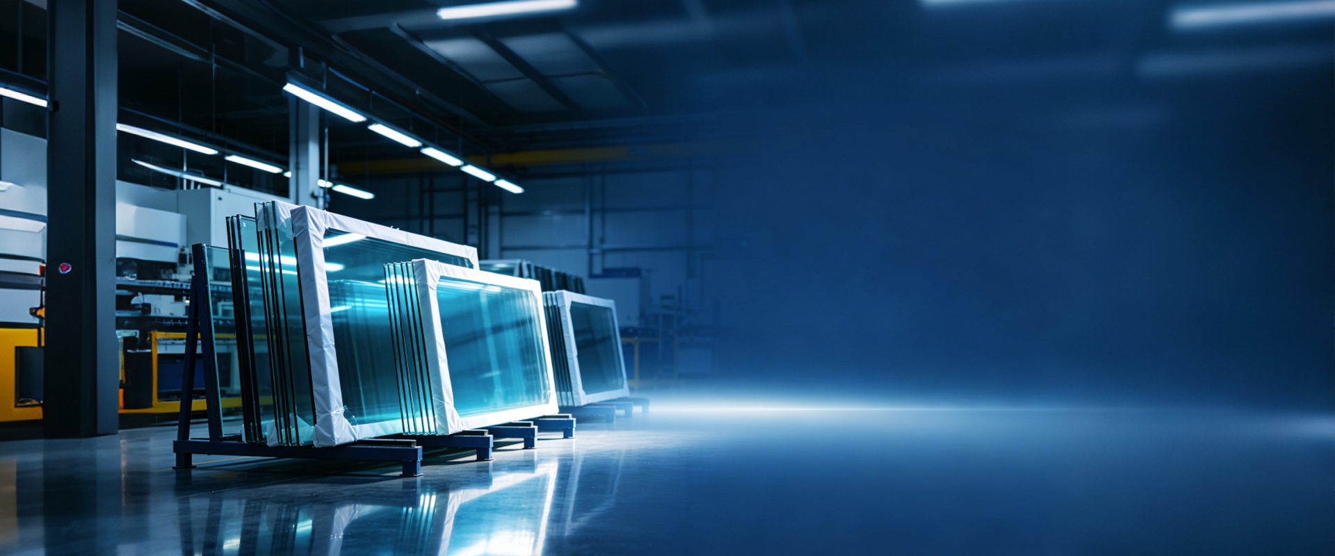 Finished glass panels racked on the production floor inside the manufacturing facility